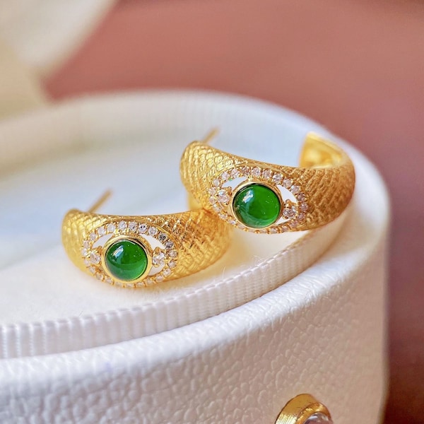 Genuine jade hoop earrings/18k solid yellow gold raw jade earrings/unique green jade hoops/dainty jade earrings/art deco studs/gift for her