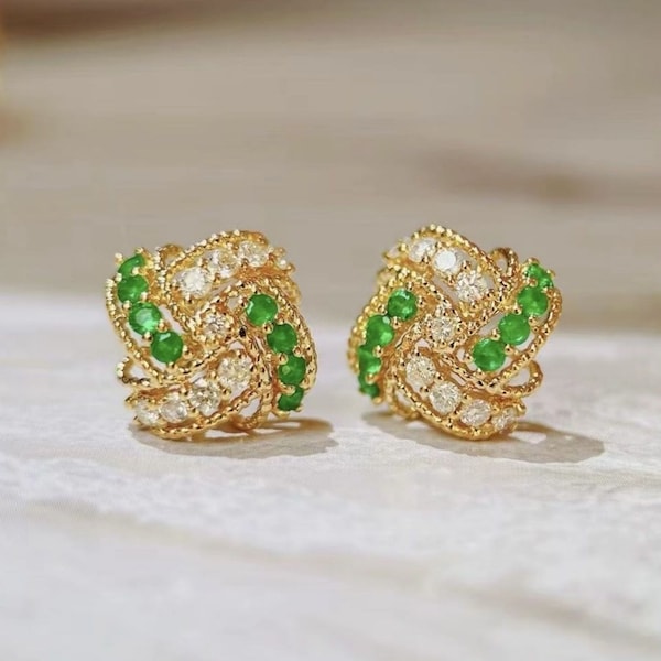 Natural emerald stud Earrings/18k solid yellow gold emerald earrings/emerald engagement studs/vintage retro court earrings gold/dainty ring