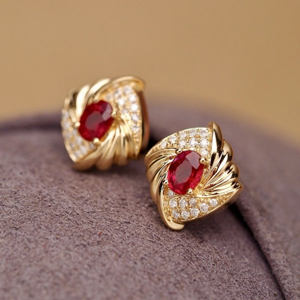 Natural pigeon blood red ruby stud earrings/18k gold oval ruby studs/art deco earrings stud/genuine dainty ruby studs/vintage ruby studs