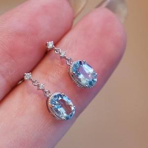 Unique Real Aquamarine drop earrings/18k solid gold oval cut Aquamarine earrings/aquamarine earrings gold/exquisite fashion grace earrings