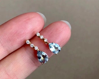 Unique Real Aquamarine drop earrings/14k18k rose gold pear Aquamarine earrings/aquamarine diamond earrings/exquisite fashion grace earrings
