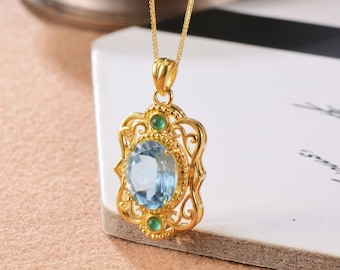 Unique Swiss blue topaz pendant/18k solid gold star cut topaz pendant with diamonds/Genuine topaz pendant/sky blue topaz pendant necklace