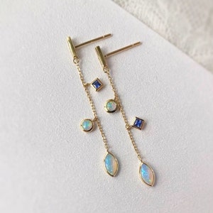 Natural Australian Opal drop earrings/18k solid gold opal earrings/opal earrings gold/gold opal dangles/raw sapphire earrings/gift for her