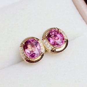 Oval cut Pink tourmaline stud earrings/gold pink tourmaline earrings/natural tourmaline earrings/tourmaline diamond earrings/gift for women