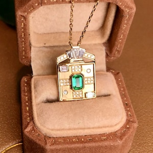 Genuine emerald necklace/18k yellow gold emerald necklace with diamonds/raw emerald necklace/emerald green necklace/unique art deco necklace