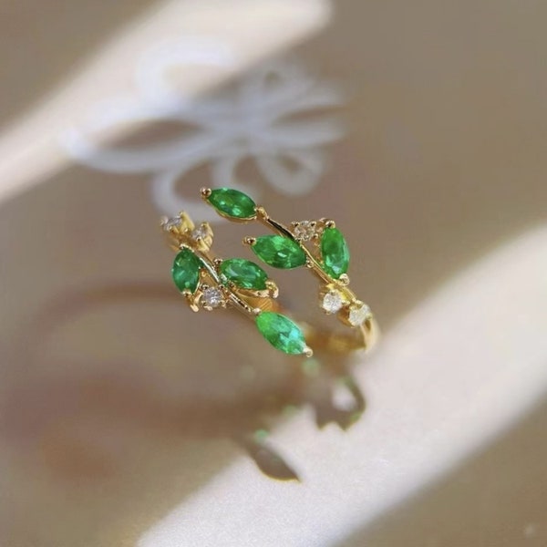 Genuine emerald ring/18k solid gold raw marquise emerald ring/real emerald ring gold/dainty emerald twig ring/green leaf ring/gift for her
