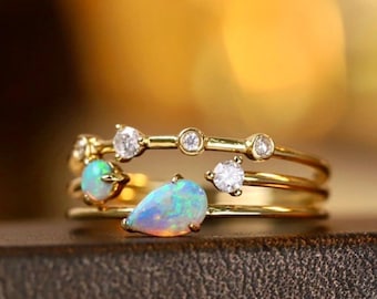 14K Gold Pear Opal Ring: Starry Night Diamond Engagement Ring