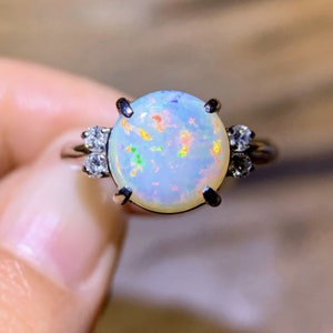 Vintage Natural Opal ring/unique round fire opal ring/ Platinum opal ring with diamonds/opal engagement ring/dainty opal bridal ring
