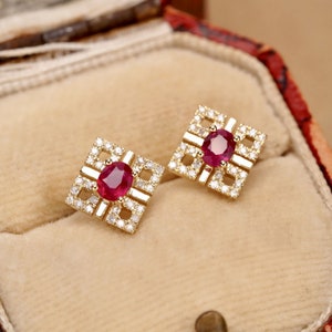 Natural ruby stud earrings with diamonds/18k solid gold oval cut ruby stud earrings/retro court earrings stud/genuine ruby earrings stud