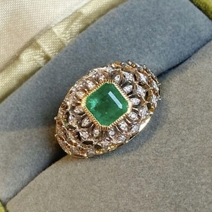 Genuine emerald ring/18k solid gold emerald engagement ring/raw emerald ring gold/Handmade retro emerald ring/anniversary gift for wife