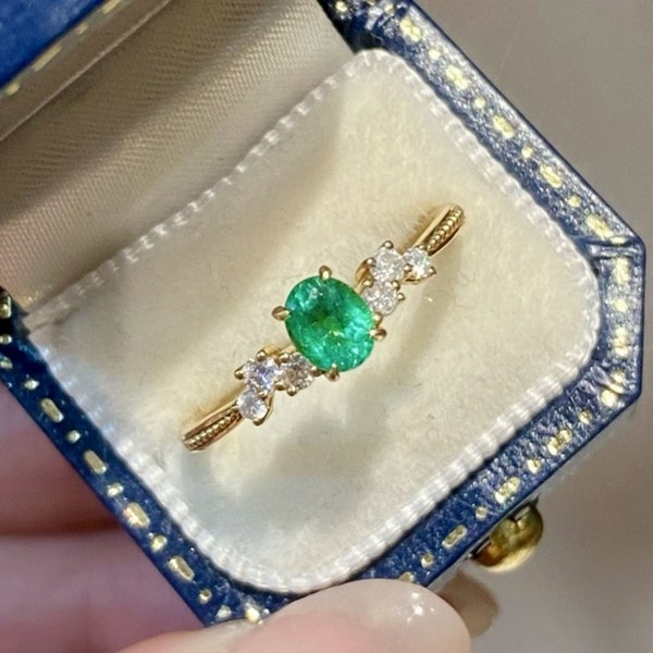 Unique Genuine emerald ring/18k solid yellow gold oval cut emerald ring/real emerald ring with diamonds/dainty natural emerald ring gold