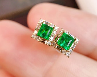 Natural emerald stud Earrings/18k white gold cushion emerald earrings with diamonds/emerald engagement earrings/emerald green earrings