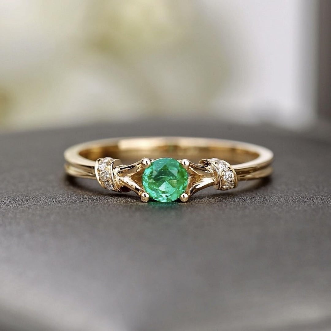 Genuine Emerald Ring/18k Solid Gold Round Cut Emerald Ring/dainty ...