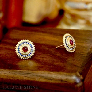 Natural ruby earrings/art deco earrings/genuine ruby earrings/18k gold ruby earrings with sapphire/French style vintage round disc earrings