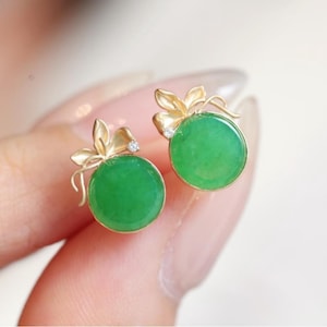 Natural jade stud earrings/18k solid gold real jade earrings/unique icy green jade studs/dainty earrings stud/floral earrings