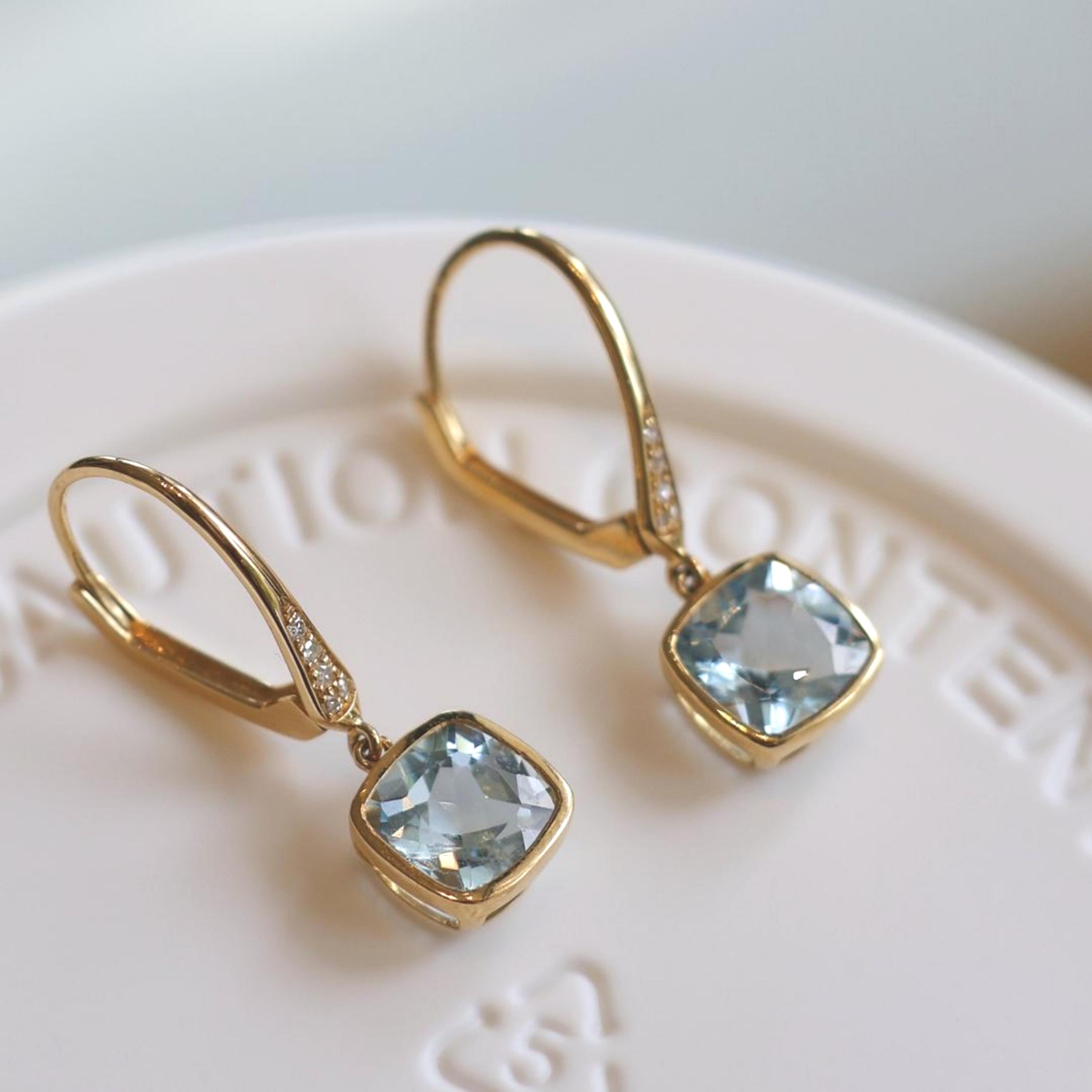Natural Aquamarine drop earrings/18k solid gold cushion cut Aquamarine earrings drop/aquamarine earring/vintage aquamarine earrings gold