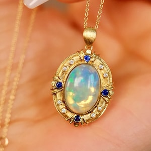 Genuine chapachon opal necklace/18k solid yellow gold oval opal pendant/Unique retro court opal pendant/vintage opal jewelry anniversary