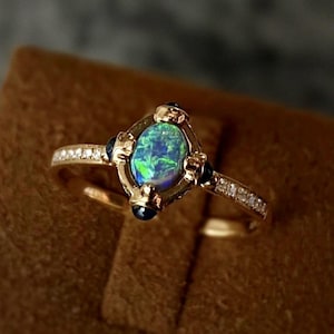 Genuine Opal Ring/18k solid rose gold Opal ring with sapphire emeralds&diamonds/vintage gold opal ring/anniversary opal promise ring