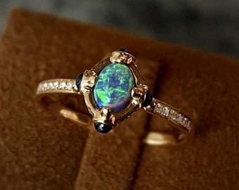 Genuine black Opal Ring/18k solid rose gold Opal ring with sapphire emeralds&diamonds/vintage gold opal ring/anniversary opal promise ring