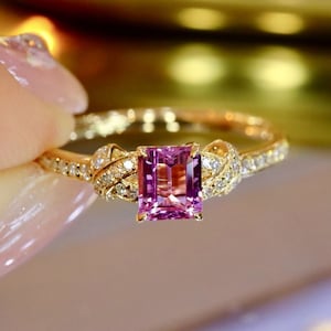 Genuine Padparadscha Ring/18k solid yellow gold Padparadscha ring with diamonds/Art Deco ring/unique pink sapphire ring gold/gift for her