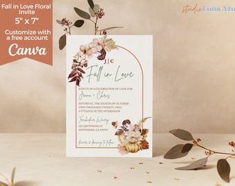 Fall In Love Floral Wedding Bridal Shower Fall Autumn Party | Printable Editable Canva Design Template 5x7 Card Size