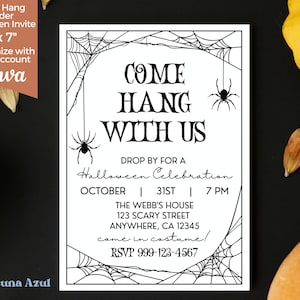 Kom bij ons hangen Spider Halloween Party Spooky afdrukbare bewerkbare Canva-ontwerpsjabloon 5x7 kaartformaat