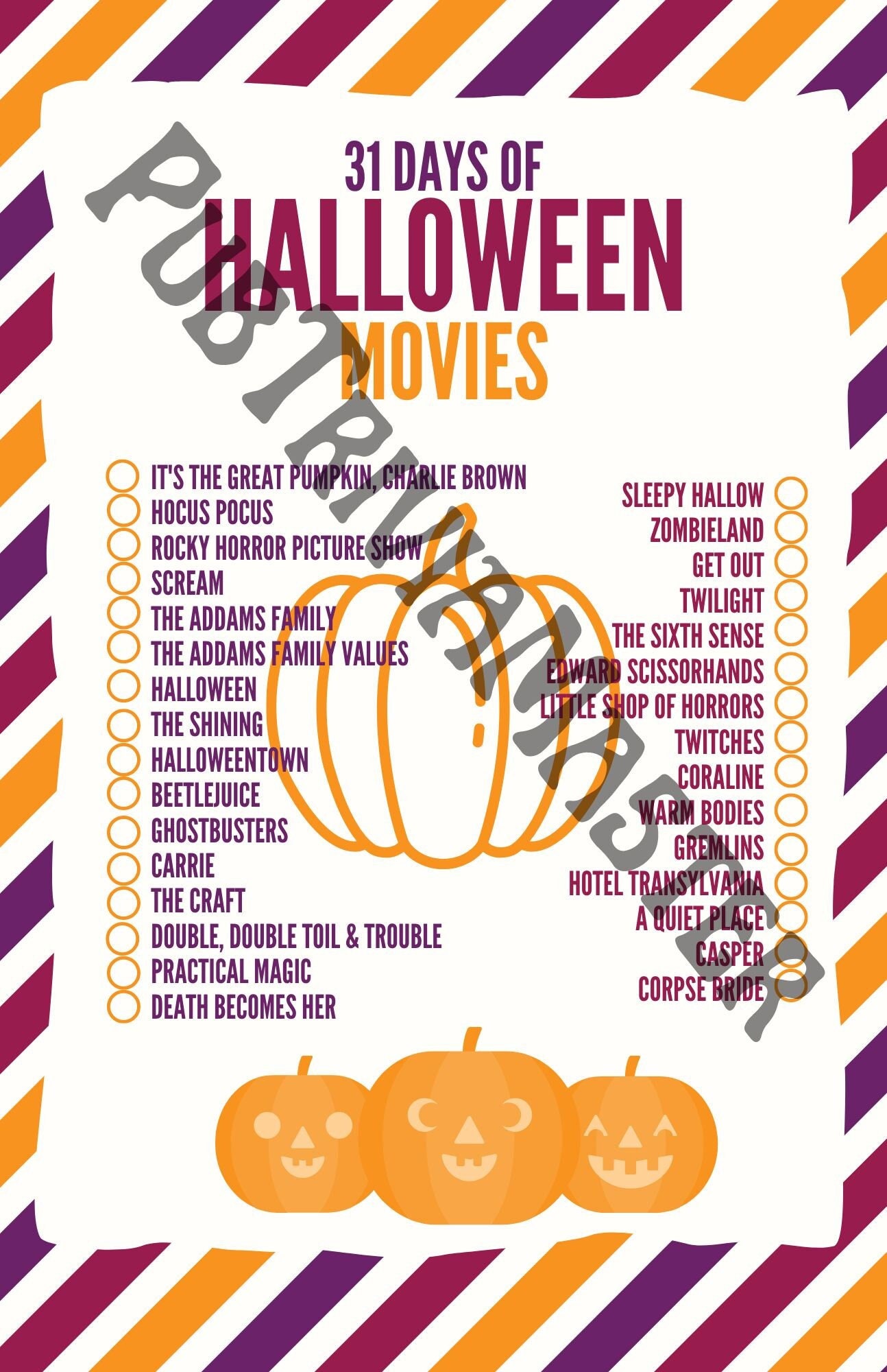 31 Days of Halloween Movies Checklist Scary Family Printable Etsy