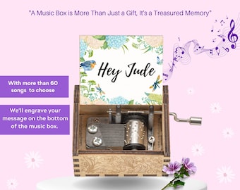 Personalized Hand-Cranked Wooden Music Box "Hey Jude" By the Beatles Engraved with Loving Message Perfect Gift Ideas for Birthday, Wedding