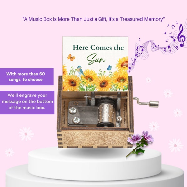 Personalized Hand-Cranked Wooden Music Box "Here Comes the Sun" By the Beatles Engraved with Loving Message Perfect Gift Ideas for Birthday
