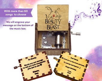 Personalized Gift Hand Crank Wooden Music Box "Beauty and the Beast" Disney Movie Engrave Loving Message Perfect Gift Idea or Birthdays