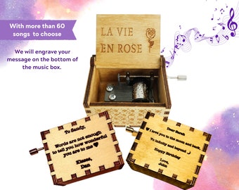 Personalized Gift Hand Crank Wooden Music Box "La Vie En Rose" Engraved Loving Message Perfect Gift Ideas For Birthdays, Anniversary