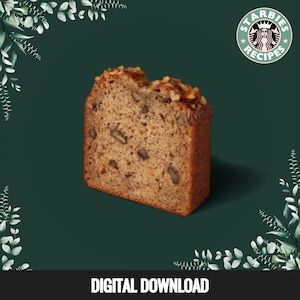 Könnte beinhalten: Eine Scheibe Bananen-Nuss-Brot mit sichtbaren Walnüssen, vor einem dunkelgrünen Hintergrund. Das Brot hat eine goldbraune Kruste und ein weiches, strukturiertes Inneres. Das Bild enthält den Text "DIGITALER DOWNLOAD" und ein Logo.