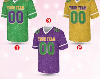 Gepersonaliseerde voetbaltrui mardi Gras, aangepaste naam en nummer jersey met korte mouwen, jersey Mardi Gras Carnival (gedrukte glitter)