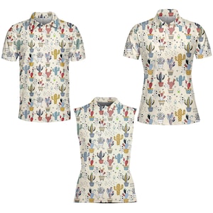 May include: Three polo shirts with a cream background and a repeating pattern of colorful cacti in pots. The shirts include a short-sleeved polo and a sleeveless polo. The cacti are in shades of green, yellow, red, and blue.