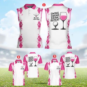 May include: White golf shirts with pink trim and diamond patterns. Some shirts display golf-themed graphics and the text "SWING SWEAR DRINK REPEAT." Others have space for a name and golf club graphics.