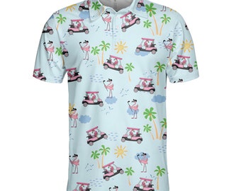 Flamingo Golf Polo Shirts for Men, Flamingo Golf Player Button Down Short Sleeve, Flamingo Shirt, Golf Gifts for Men