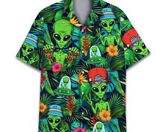 Tropical Alien Hawaiian Shirt for Men Women, Tropical Summer Beach Aloha Button Down Short Sleeves