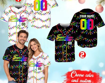 Personalized Christmas Baseball Jersey, Custom Name Number Christmas Lights Shirt, Holiday Family Matching Outfit, Christmas Party Gift