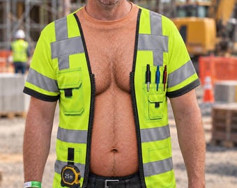 Funny 3D Construction Worker T Shirt, Hairy Belly Safety Vest Illusion Tee, Fake Body Work Costume, Builder Gift for Men