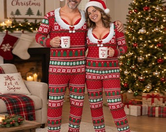 Couples Matching Pjs Fair Isle Christmas Pajama Set, Funny Fake Santa Collar Red Holiday Sleepwear, Matching Couples Xmas Gift Loungewear