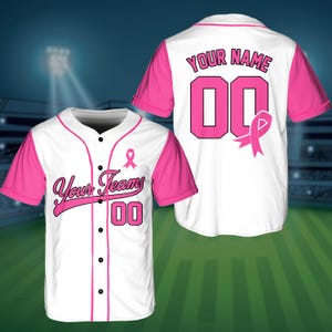 Personalisierte Brustkrebs-Team Name und Nummer Baseball Jersey, Benutzerdefinierte Pink Ribbon Baseball Jersey Shirt, Brustkrebs Kriegerin Jersey