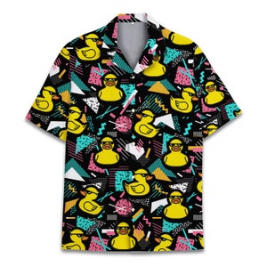 Retro Duck Hawaiian Shirts for Men Women, Aloha Summer Beach Duck Shirt Button Down Short Sleeve, Rubber Duck Hawaiian Shirt