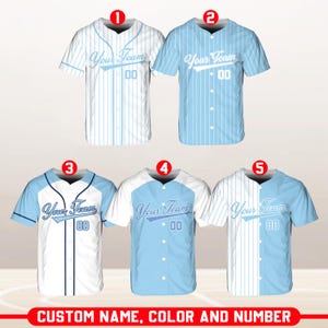Custom Team Name And Number Baseball Jersey, Personalized T-shirt, Uniform For Baseball Fans, Design White And Light Blue Baseball Jersey