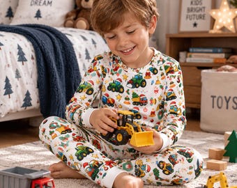Kids Christmas Pjs Construction Truck Pajama Set, Cute White Tractor Holiday Sleepwear Boys Girls, Sibling Matching Xmas Gift Loungewear