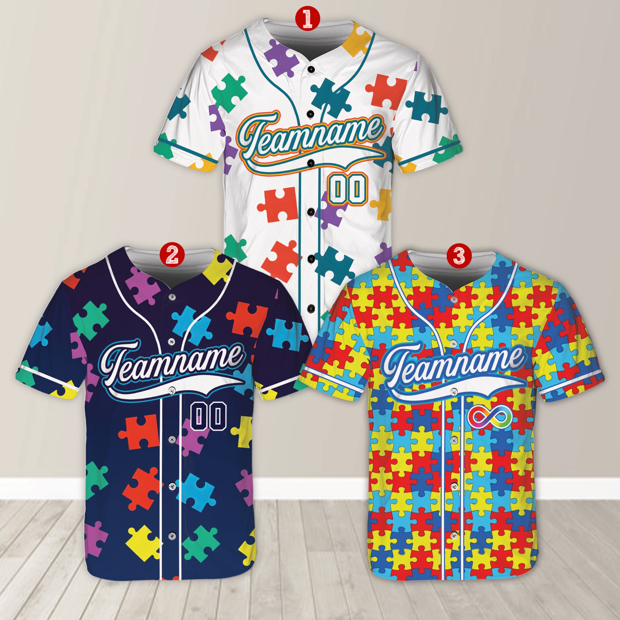 Personalized Autism Awareness Baseball Jersey, Custom Name Puzzle