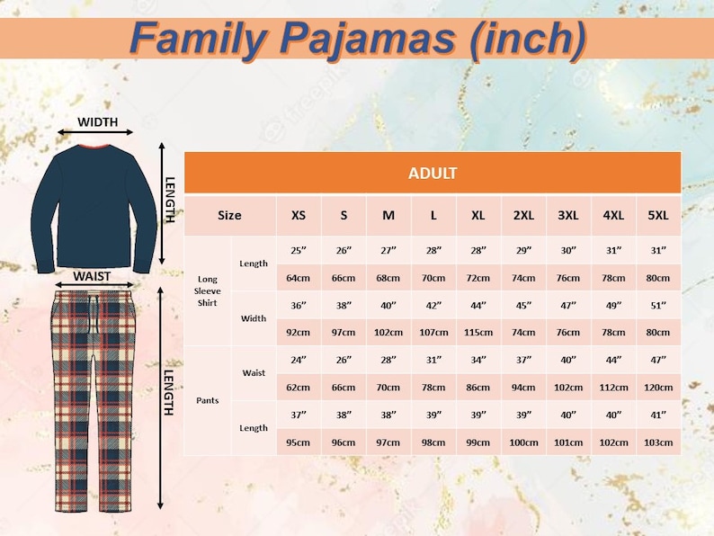 Puede incluir: Tabla de tallas para pijamas familiares para adultos. La tabla incluye medidas de largo, ancho y cintura en pulgadas y cent&iacute;metros. Los pijamas son de color azul marino con un estampado de cuadros rojos y blancos.