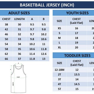 Puede incluir: Una tabla de tallas para camisetas de baloncesto en pulgadas. La tabla incluye tallas para adultos, j&oacute;venes y ni&ntilde;os peque&ntilde;os. La tabla muestra el pecho, la longitud y otras medidas para cada talla.