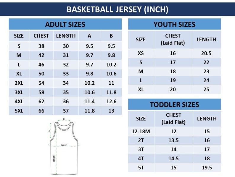 Puede incluir: Una tabla de tallas para camisetas de baloncesto en pulgadas. La tabla incluye tallas para adultos, j&oacute;venes y ni&ntilde;os peque&ntilde;os. La tabla muestra el pecho, la longitud y otras medidas para cada talla.