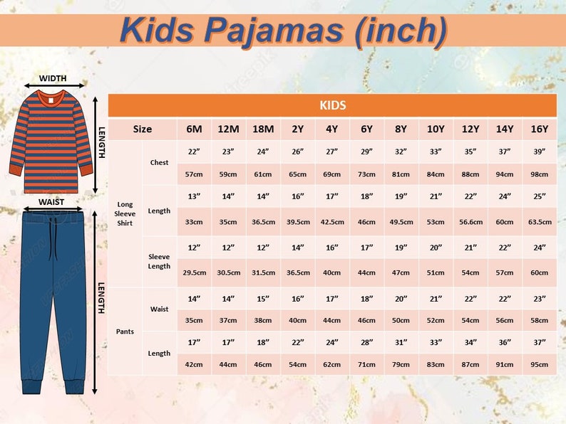 Puede incluir: Ilustraci&oacute;n de pijamas para ni&ntilde;os con medidas en pulgadas y cent&iacute;metros. La imagen muestra una camiseta de manga larga a rayas naranja y azul marino y pantalones azul marino. Se incluye una tabla de tallas con medidas.