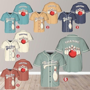 May include: Six different color baseball jerseys with a bowling ball and pins design. The jerseys have the text "Your Team" and "Your Name" on them.
